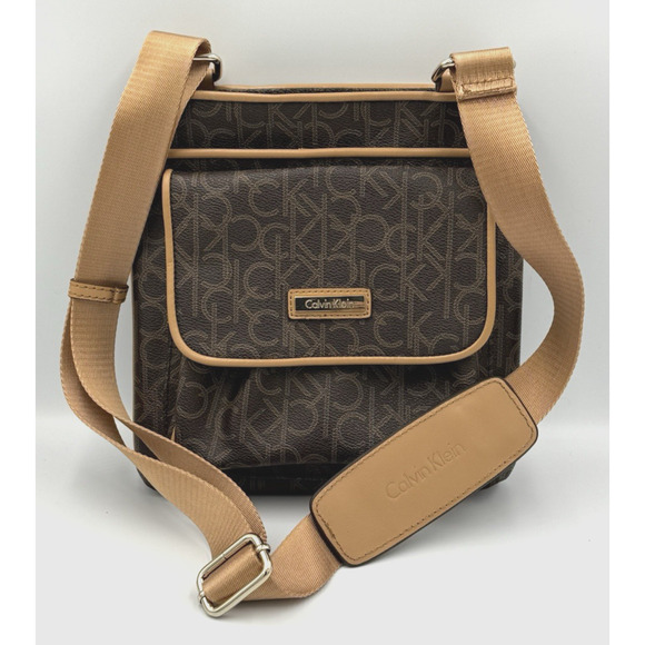 Calvin Klein Crossbody Messenger Bag Brown Monogram Logo Tan Strap Purse - Picture 1 of 7